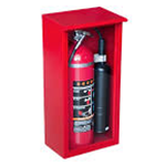 Gabinete de pared metálico color rojo para resguardo de extintor de incendios