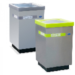 Contenedor de reciclaje cuadrado tipo cubo en acero inoxidable con borde superior verde