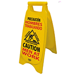 Señalización plástica de precaución en caballete amarillo para áreas de limpieza o trabajo activo