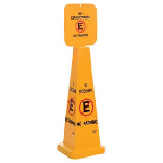 Cono industrial de seguridad color naranja con gráfico de advertencia para zonas restringidas