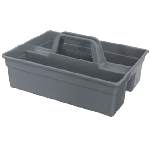 Organizador plástico manual con asa central y divisiones para productos de limpieza