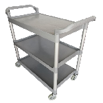 Carrito de servicio de tres niveles color gris con postes de aluminio y ruedas de transporte