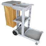 Carrito de limpieza multifuncional gris con plataforma frontal, estantes y bolsa de vinil amarilla