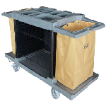 Carrito hotelero de servicio con estructura gris de tres niveles y doble bolsa lateral amarilla de gran capacidad