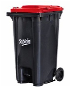 Contenedor industrial negro de 240 litros equipado con barra de pedal y ruedas reforzadas